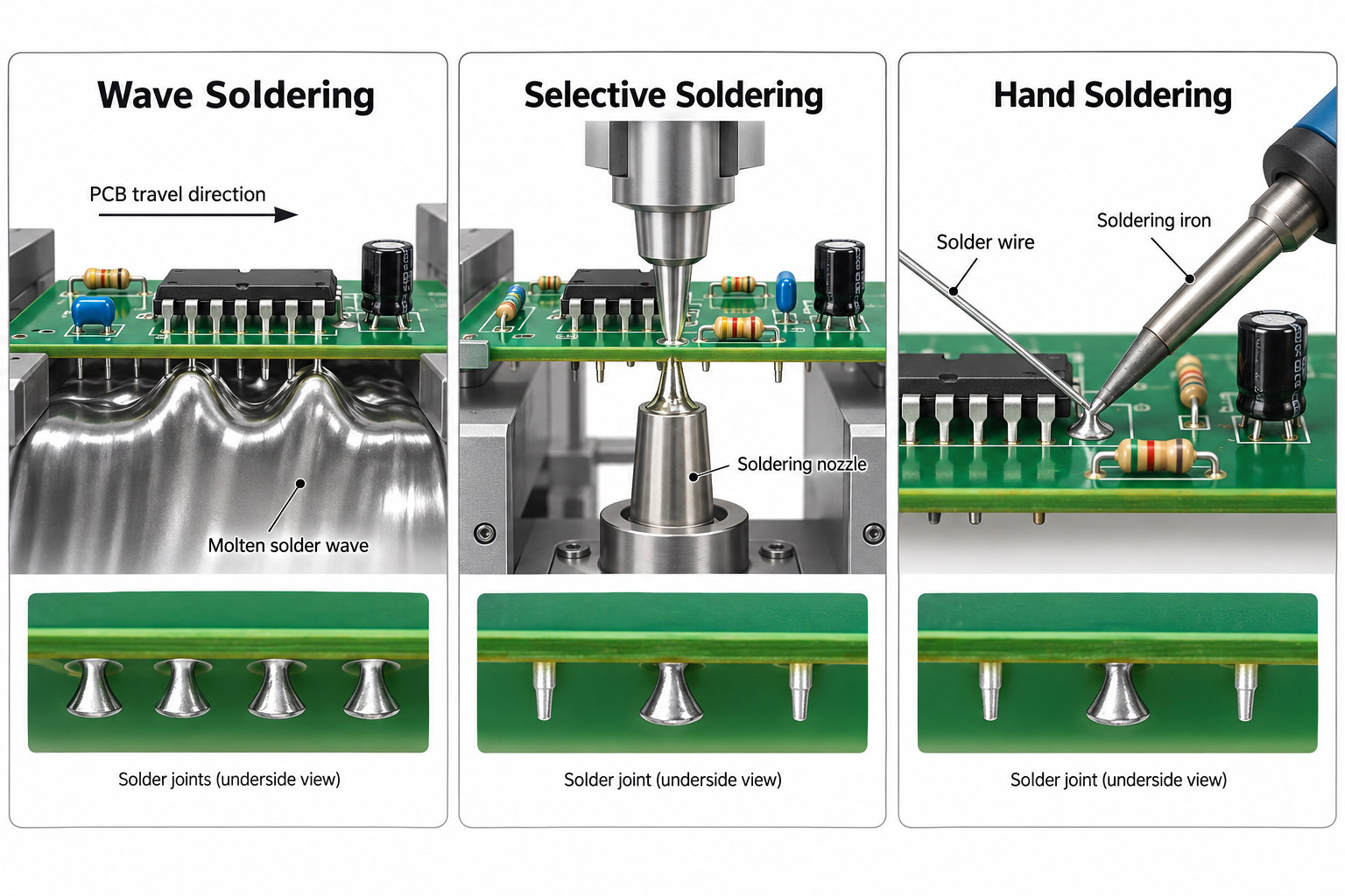 Wave soldering selective soldering and hand soldering comparison for DIP through-hole assembly