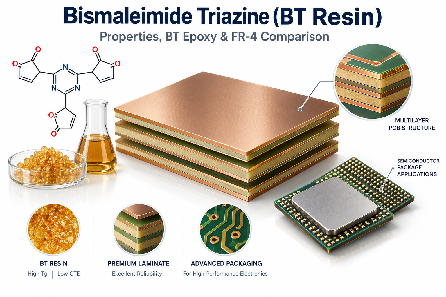 Bismaleimide Triazine BT resin with multilayer PCB laminate and semiconductor package applications