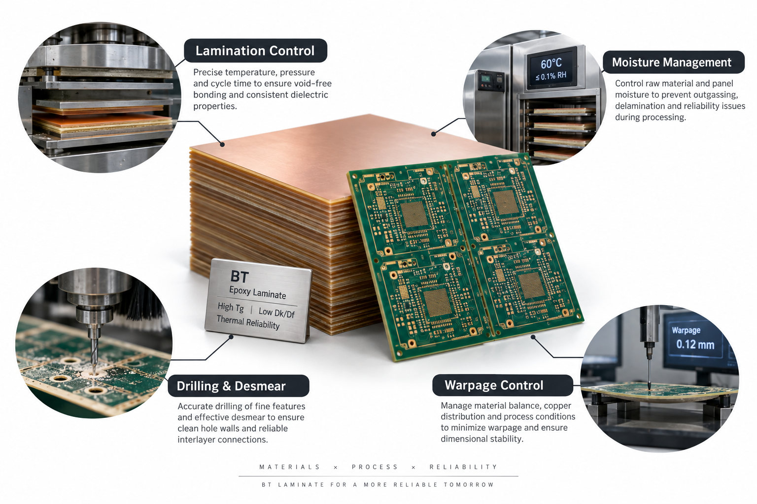 BT epoxy laminate manufacturing challenges including lamination moisture drilling desmear and warpage control