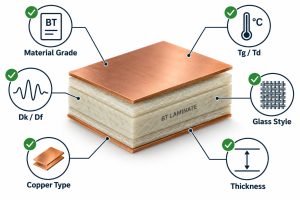 BT laminate specification guide including material grade Tg Td Dk Df glass style copper type and thickness