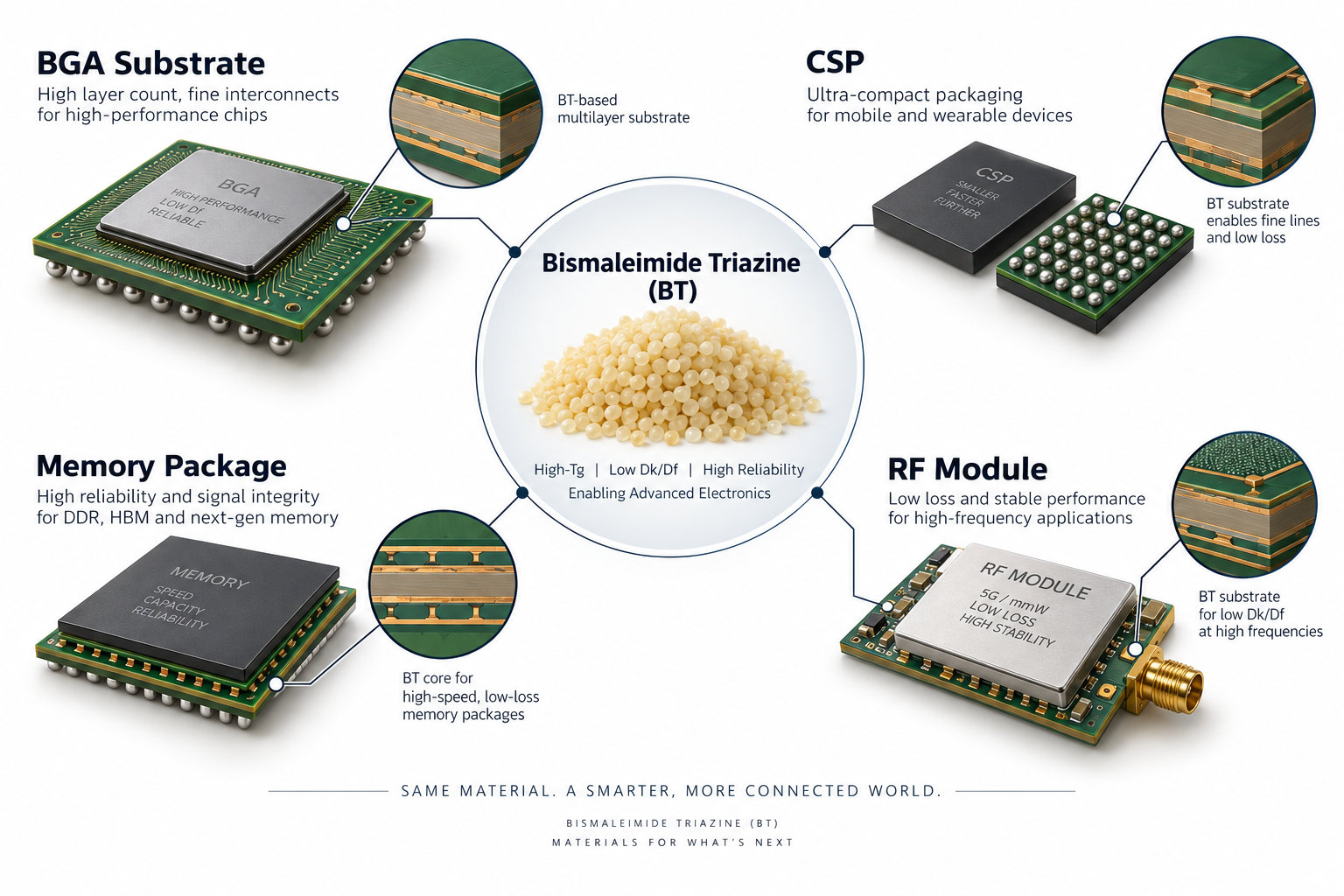 Bismaleimide Triazine applications including BGA substrate CSP memory package and RF module