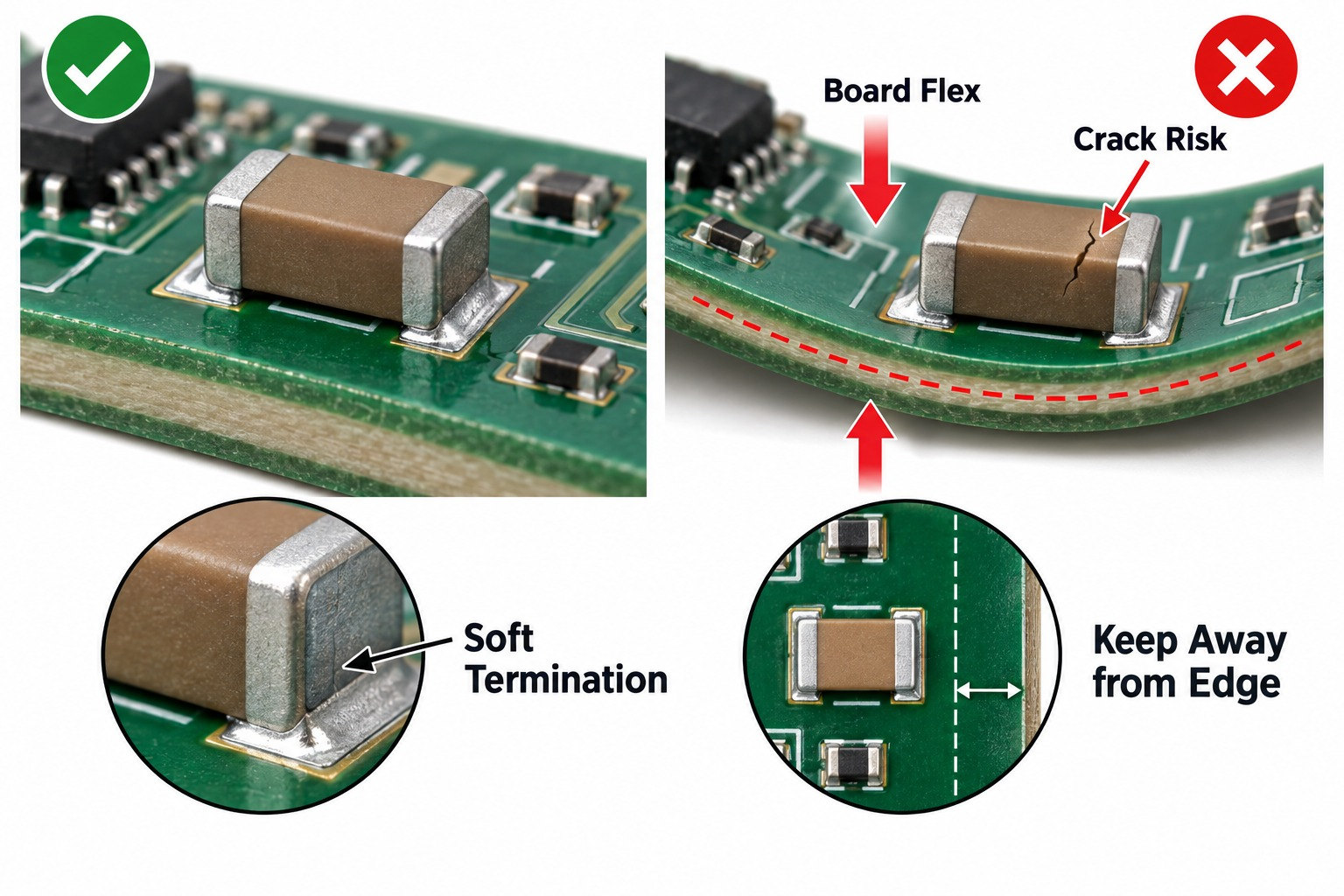 MLCC reliability showing board flex crack risk soft termination and edge placement