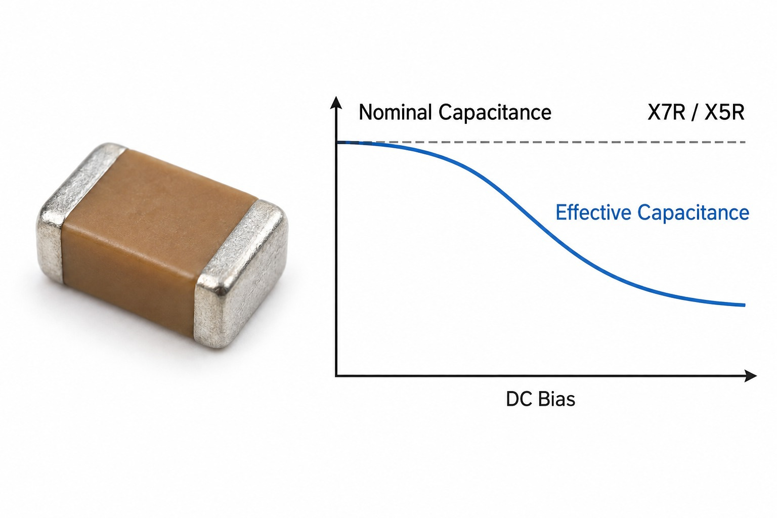 MLCC DC bias effect showing effective capacitance decreasing under DC voltage