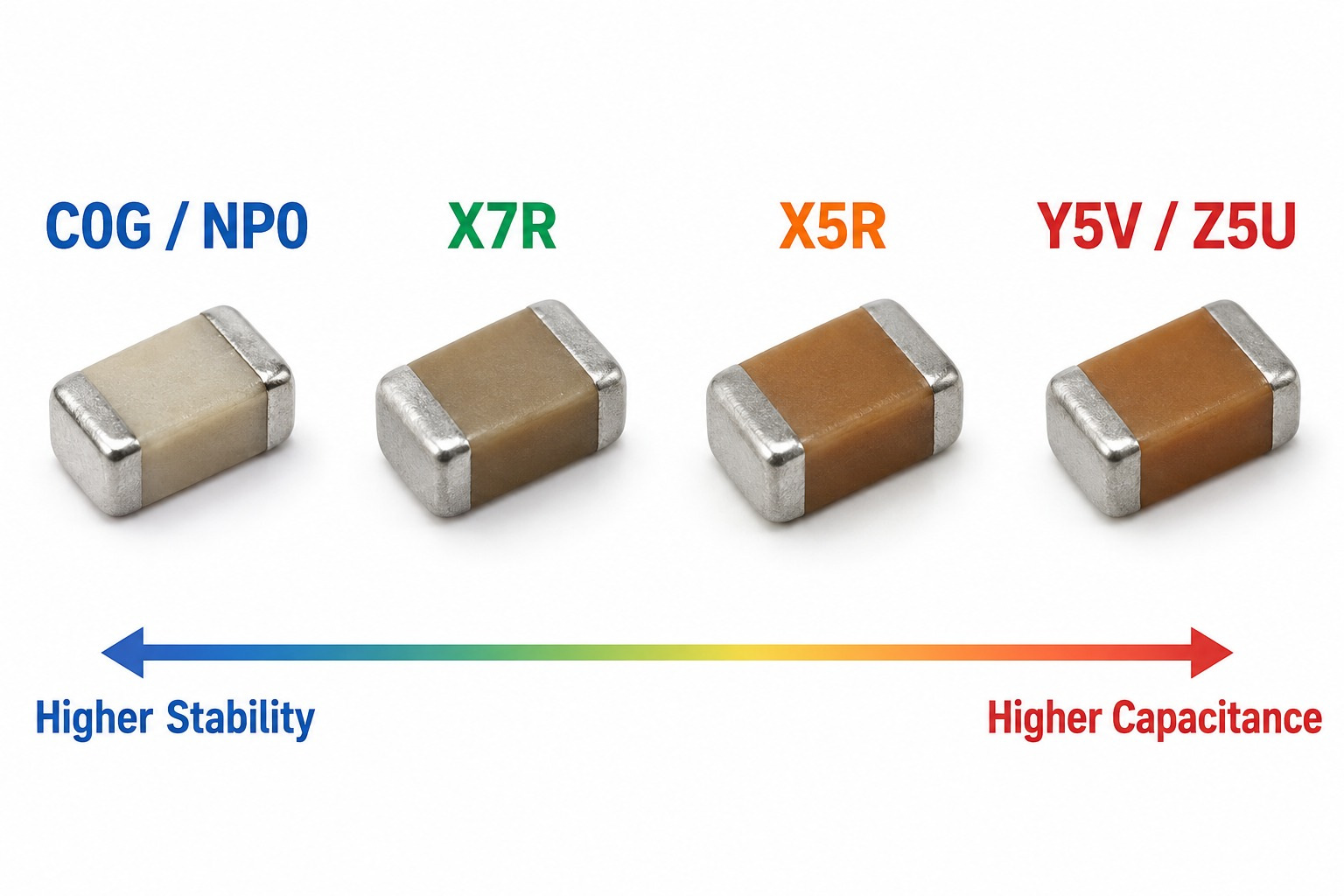 C0G NP0 X7R X5R Y5V Z5U MLCC dielectric comparison