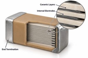 MLCC cutaway showing ceramic layers internal electrodes and end termination