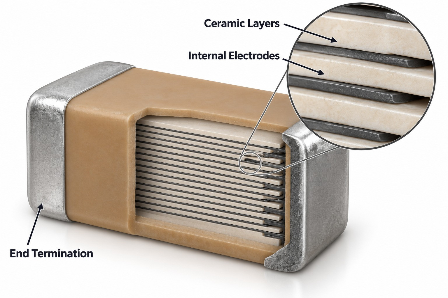 MLCC cutaway showing ceramic layers internal electrodes and end termination