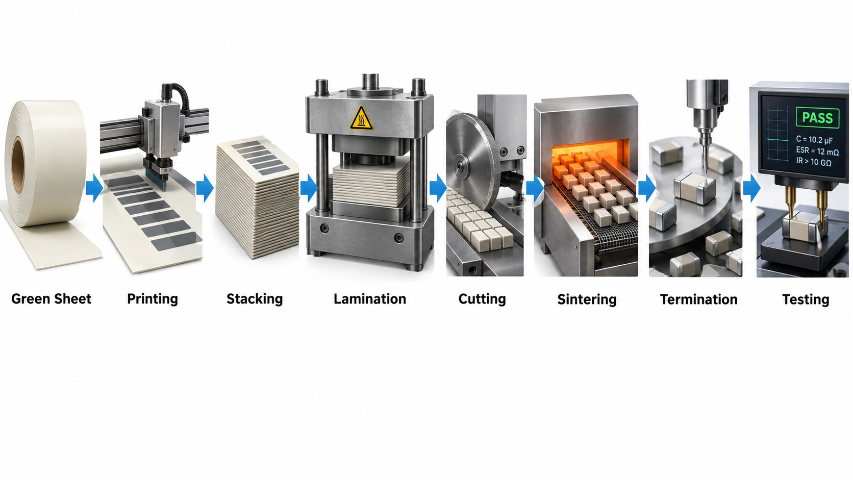 MLCC manufacturing process from green sheet printing stacking lamination cutting sintering termination to testing