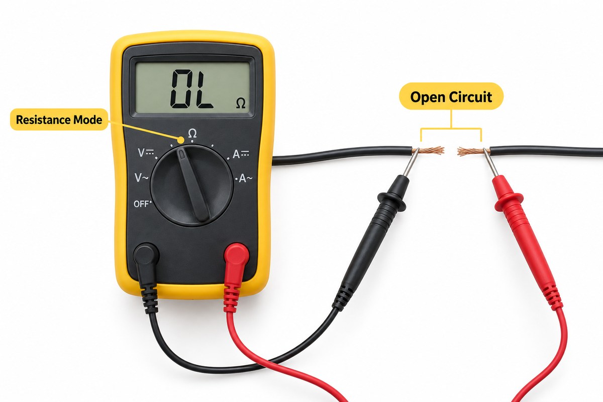 Multimeter in resistance mode showing OL across an open circuit