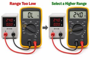 Manual-ranging multimeter changing from OL to 24.0 volts after selecting a higher range