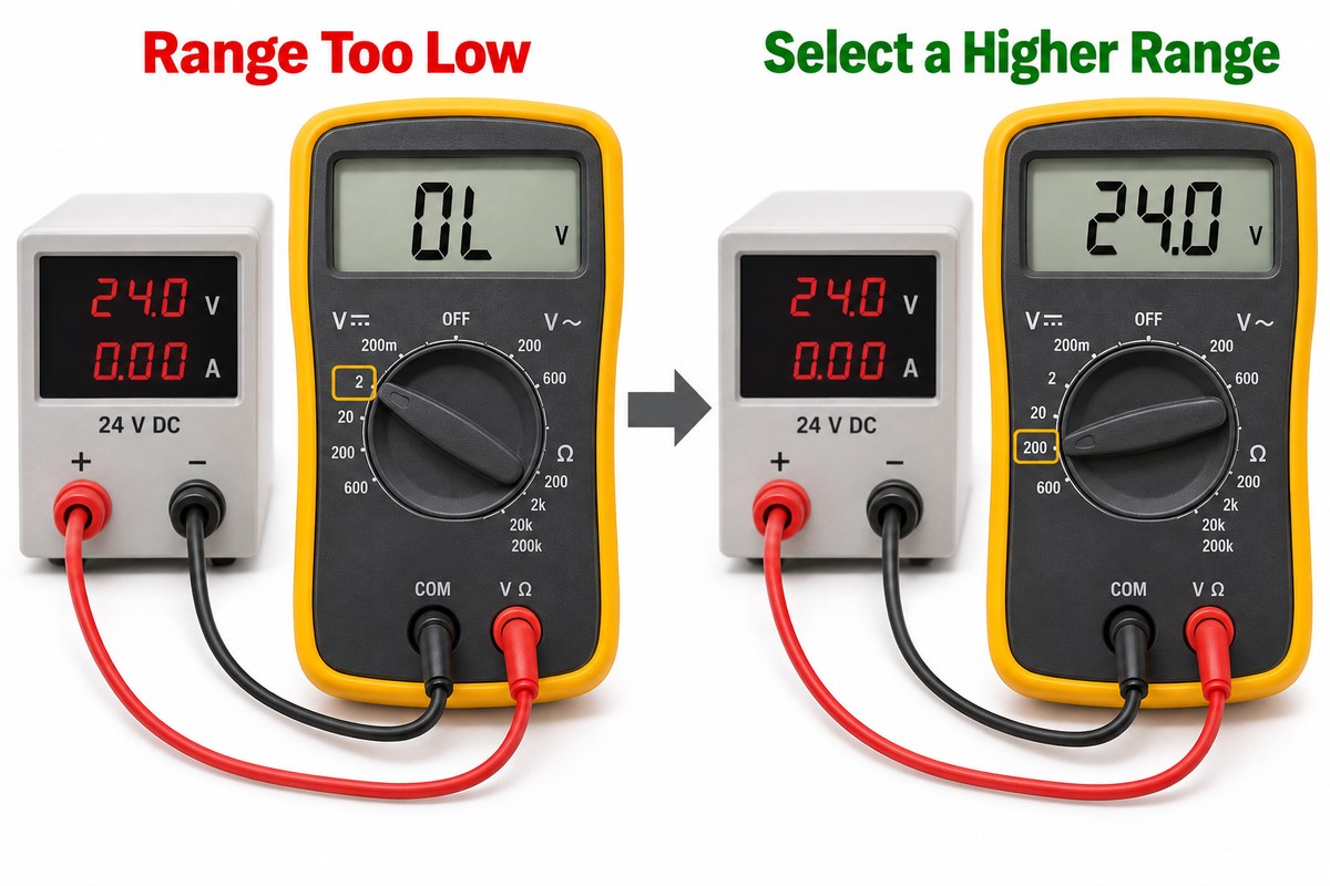 Manual-ranging multimeter changing from OL to 24.0 volts after selecting a higher range