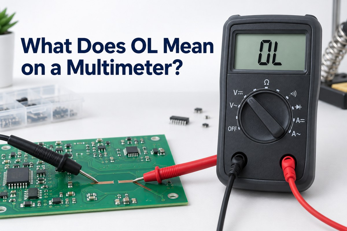 Digital multimeter displaying OL while probes test an open PCB trace