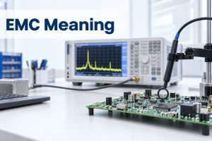 EMC meaning shown with a PCB under near-field emissions testing