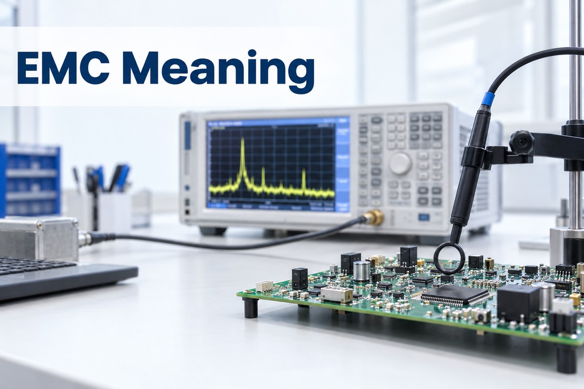 EMC meaning shown with a PCB under near-field emissions testing