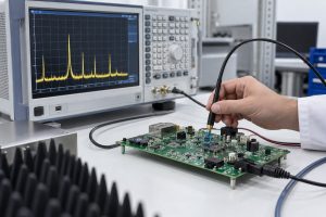 Engineer performing a PCB EMC pre-compliance scan with a near-field probe