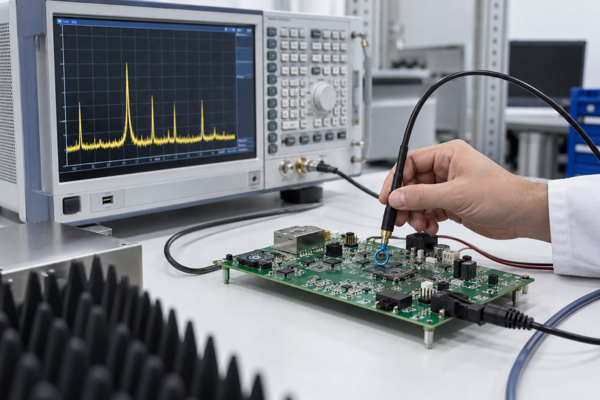Engineer performing a PCB EMC pre-compliance scan with a near-field probe