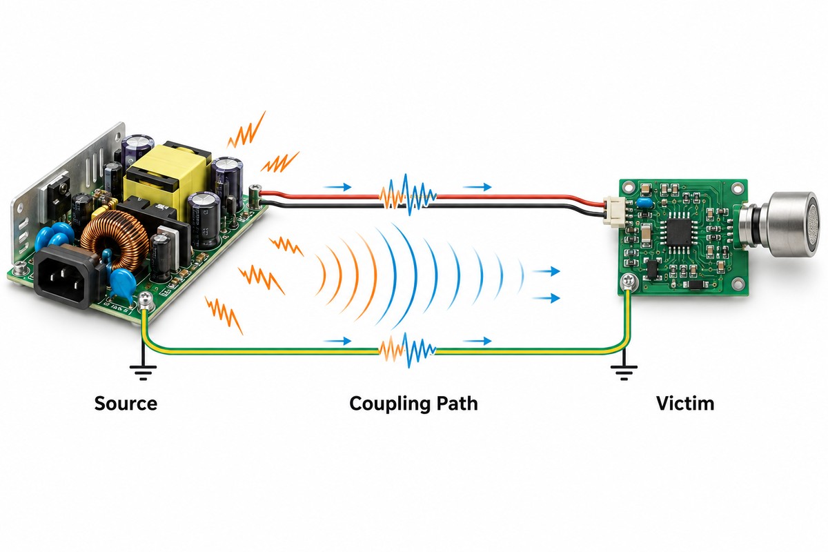 EMC source coupling path and victim relationship in electronic systems
