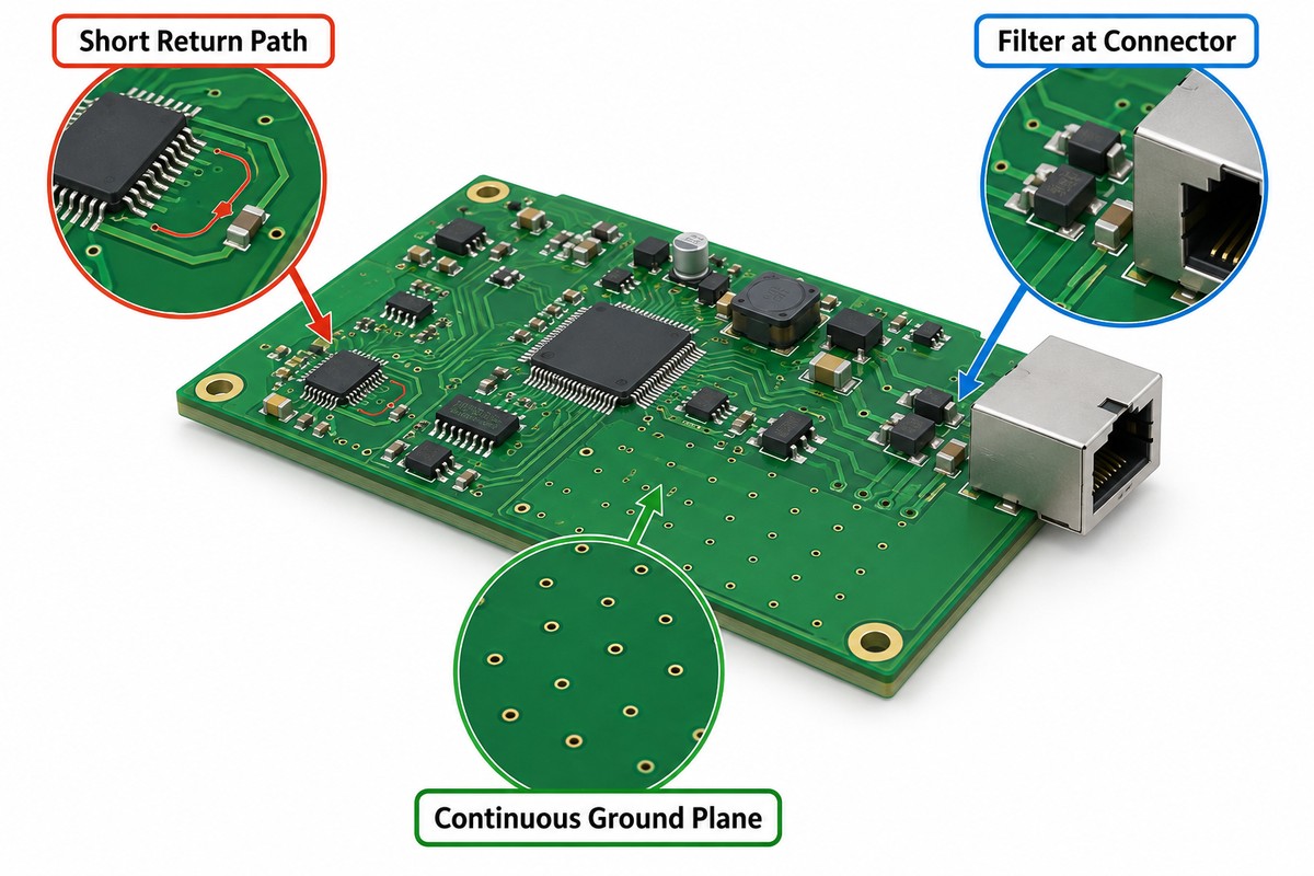 PCB EMC layout practices showing return path, ground plane, and connector filtering