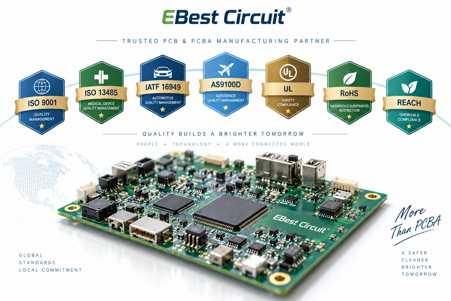 EBest Circuit certifications and compliance including ISO 9001 ISO 13485 IATF 16949 AS9100D UL RoHS and REACH