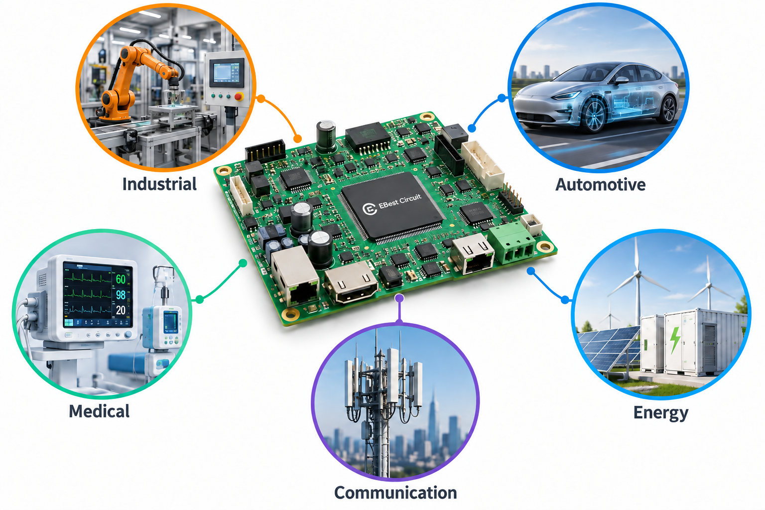 PCBA application fields including industrial automotive medical communication and energy electronics
