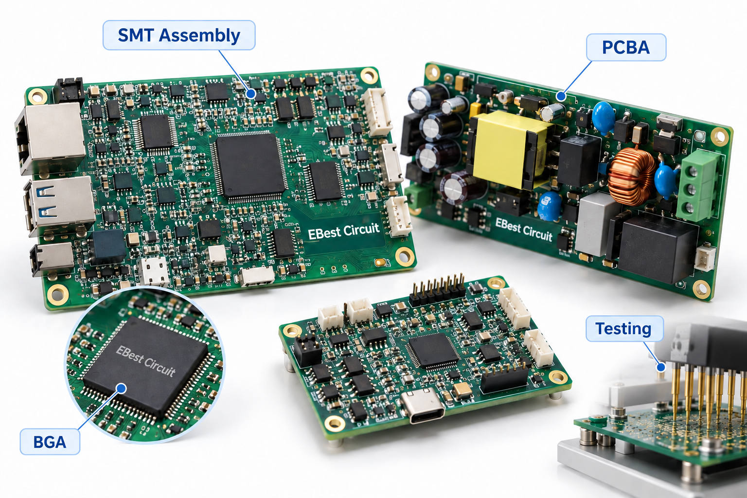 PCBA products including SMT assembly, BGA and testing capabilities
