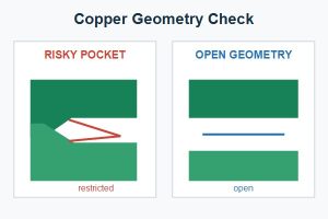 PCB Acid Trap, risky concave copper pocket compared with open manufacturable geometry