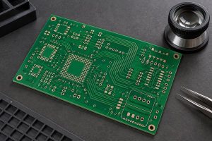 PCB Acid Trap, magnified green circuit board copper routing under inspection