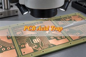 PCB Acid Trap, bare copper PCB panel inspected under a microscope for acute routing geometry