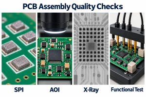 PCB assembly quality checks using SPI, AOI, X-ray and functional test