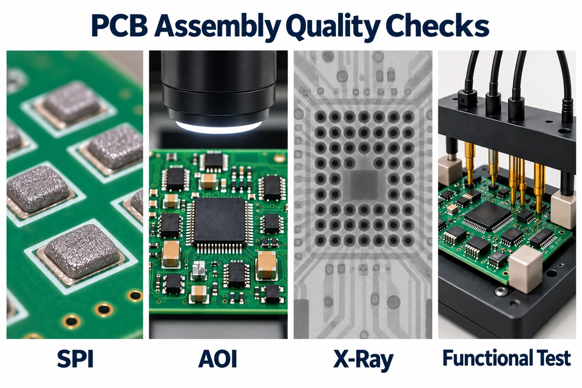 PCB assembly quality checks using SPI, AOI, X-ray and functional test