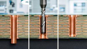 Before, drilling and after cross-sections of a plated PCB via stub removed by backdrilling