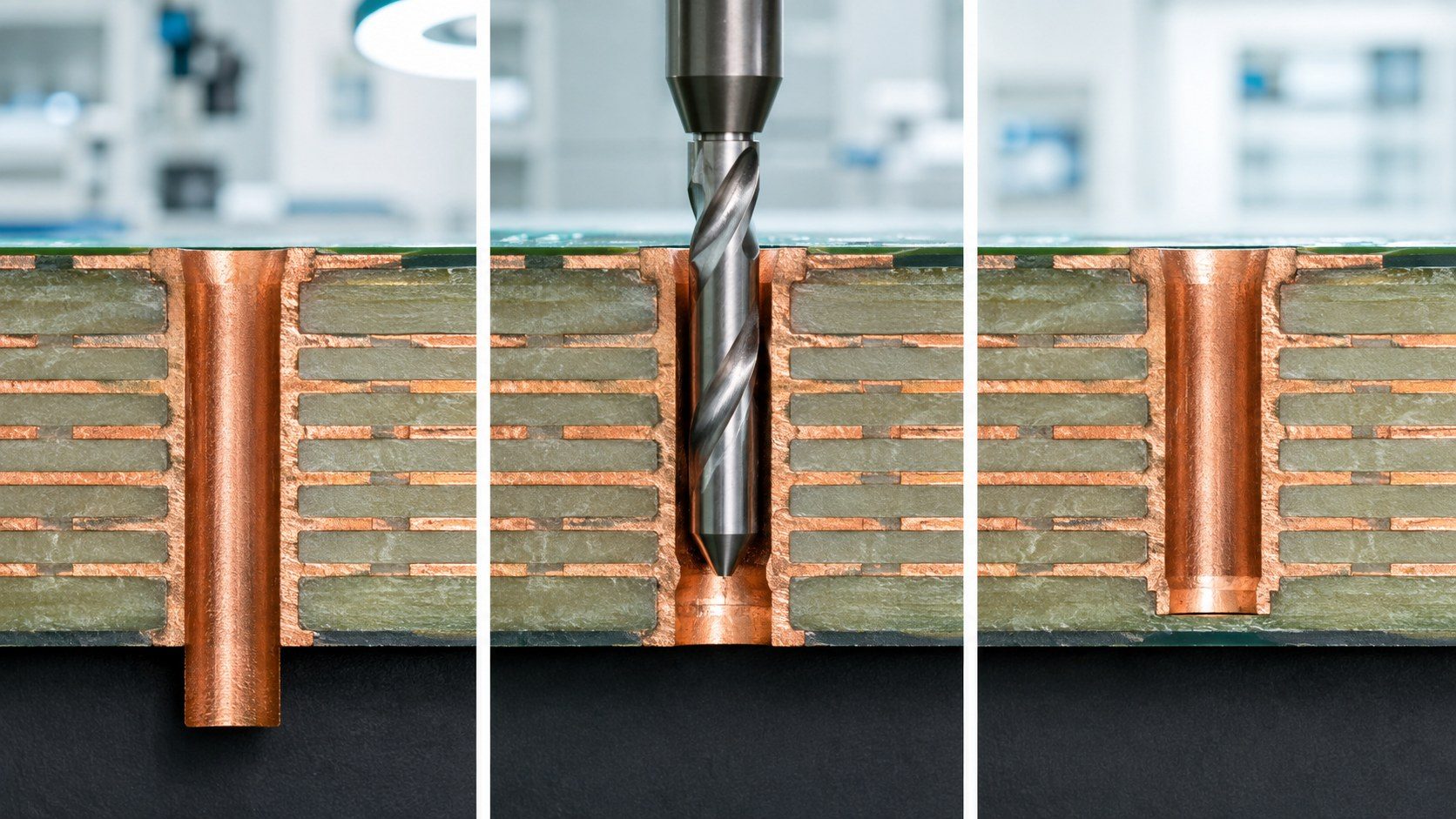 Before, drilling and after cross-sections of a plated PCB via stub removed by backdrilling