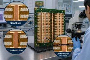 PCB microsection comparison showing a good bond, low resin flow, and a contaminated interface