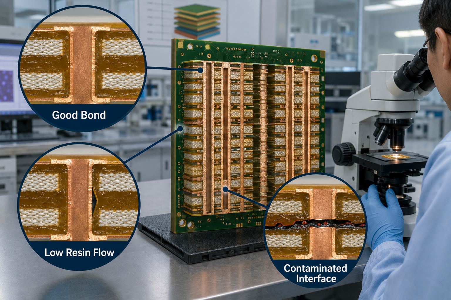 PCB microsection comparison showing a good bond, low resin flow, and a contaminated interface