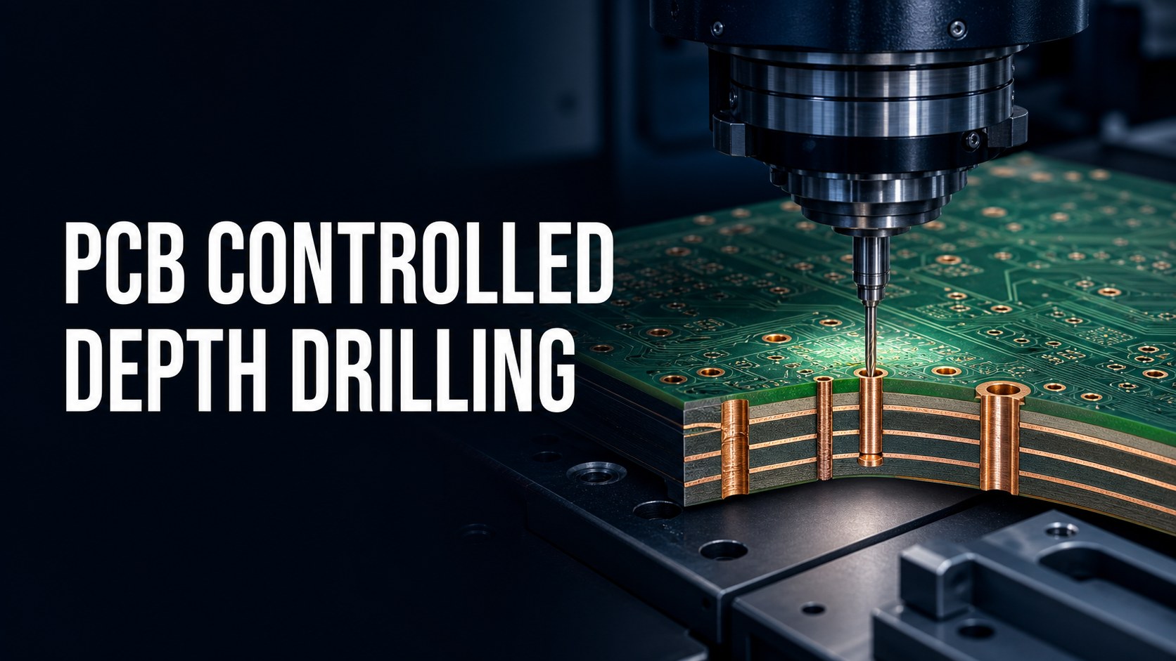 CNC spindle performing controlled depth drilling on a multilayer PCB cross-section