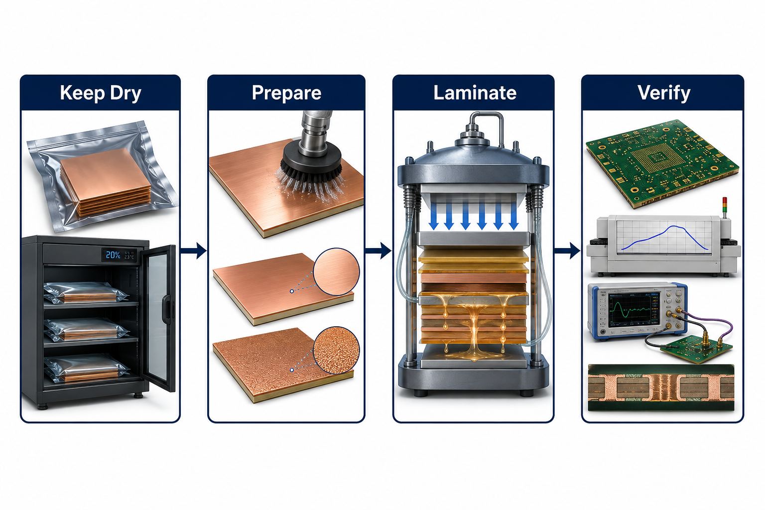 Keep dry, prepare, laminate, and verify workflow for preventing PCB delamination