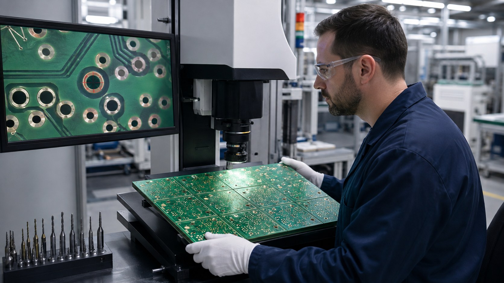 PCB engineer inspecting drilled-hole position and annular ring alignment