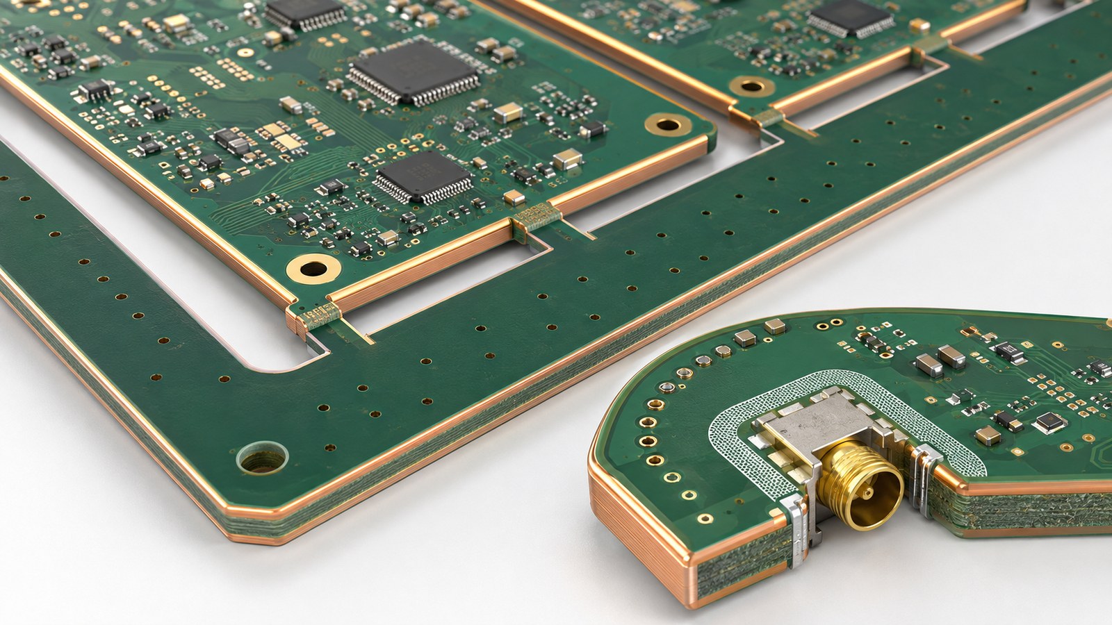Panelized circuit boards showing plated routed edges, support tabs and connector keep-outs