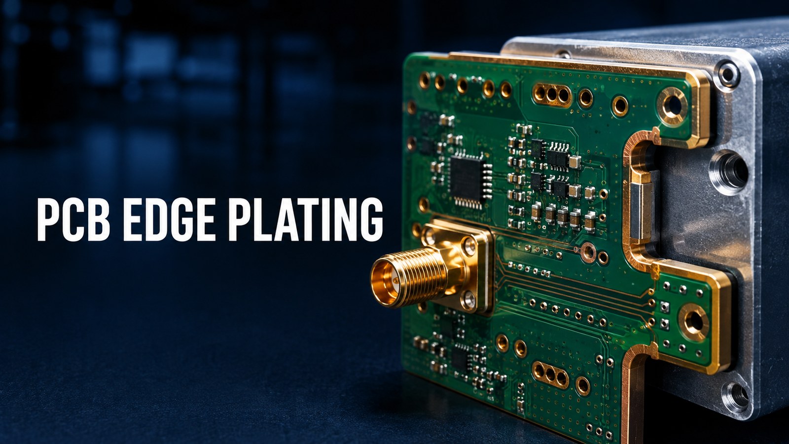 RF circuit board with conductive copper edge plating mounted in a metal enclosure