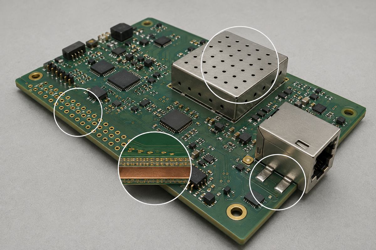 PCB electromagnetic shielding methods including a shield can, ground plane, via fence, and connector shield