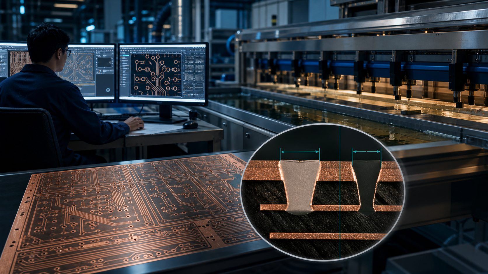 CAM engineer reviewing PCB etch compensation beside a precision copper etching line