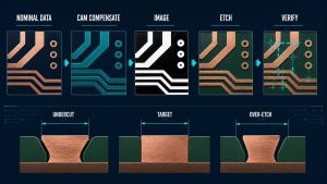 PCB etch compensation workflow from nominal design data through CAM, imaging, etching and verification