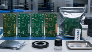 PCB finish samples beside moisture-barrier packaging and storage-control materials