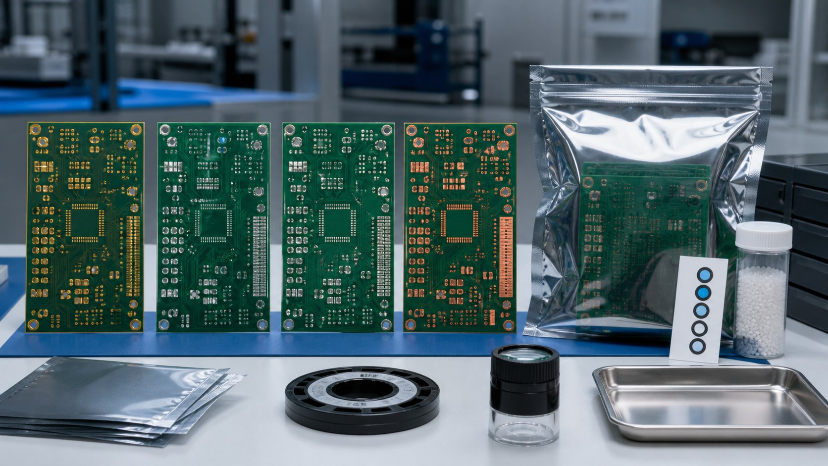 PCB finish samples beside moisture-barrier packaging and storage-control materials