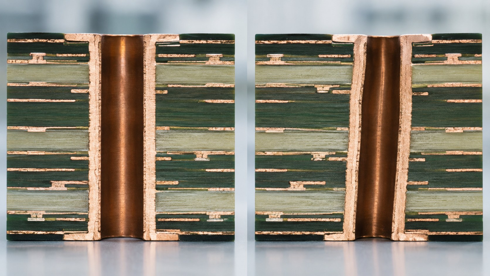 PCB cross-sections used to compare hole path and internal layer registration