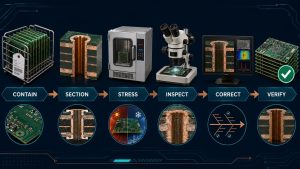 PCB hole wall pullaway failure analysis workflow from containment through verified corrective action