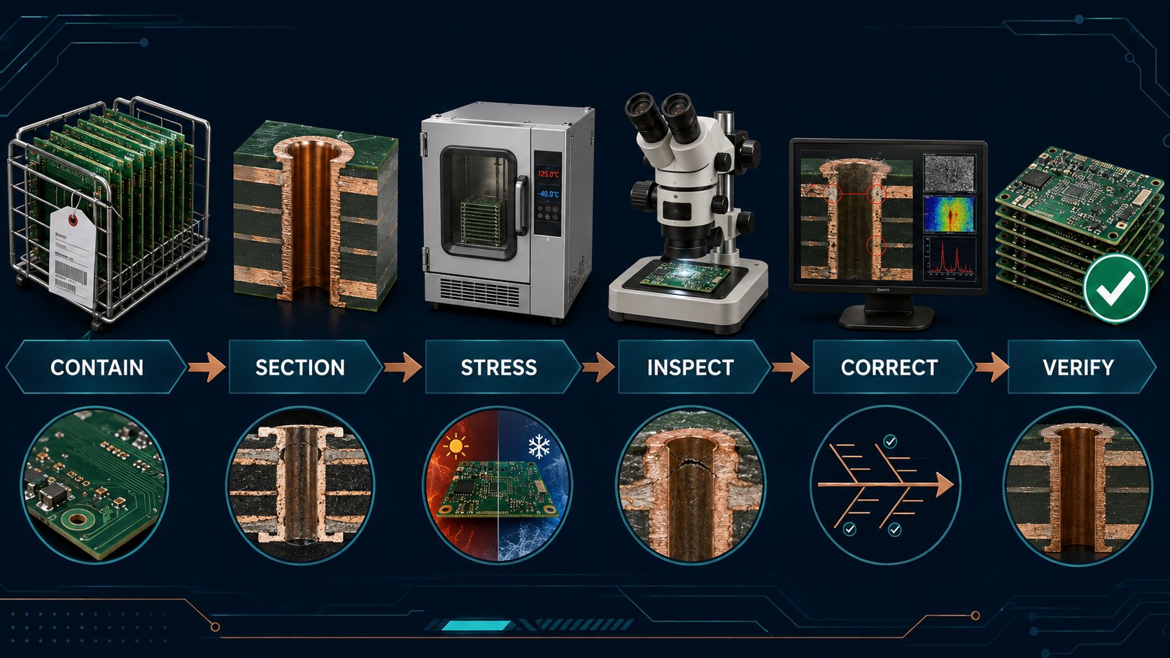 PCB hole wall pullaway failure analysis workflow from containment through verified corrective action