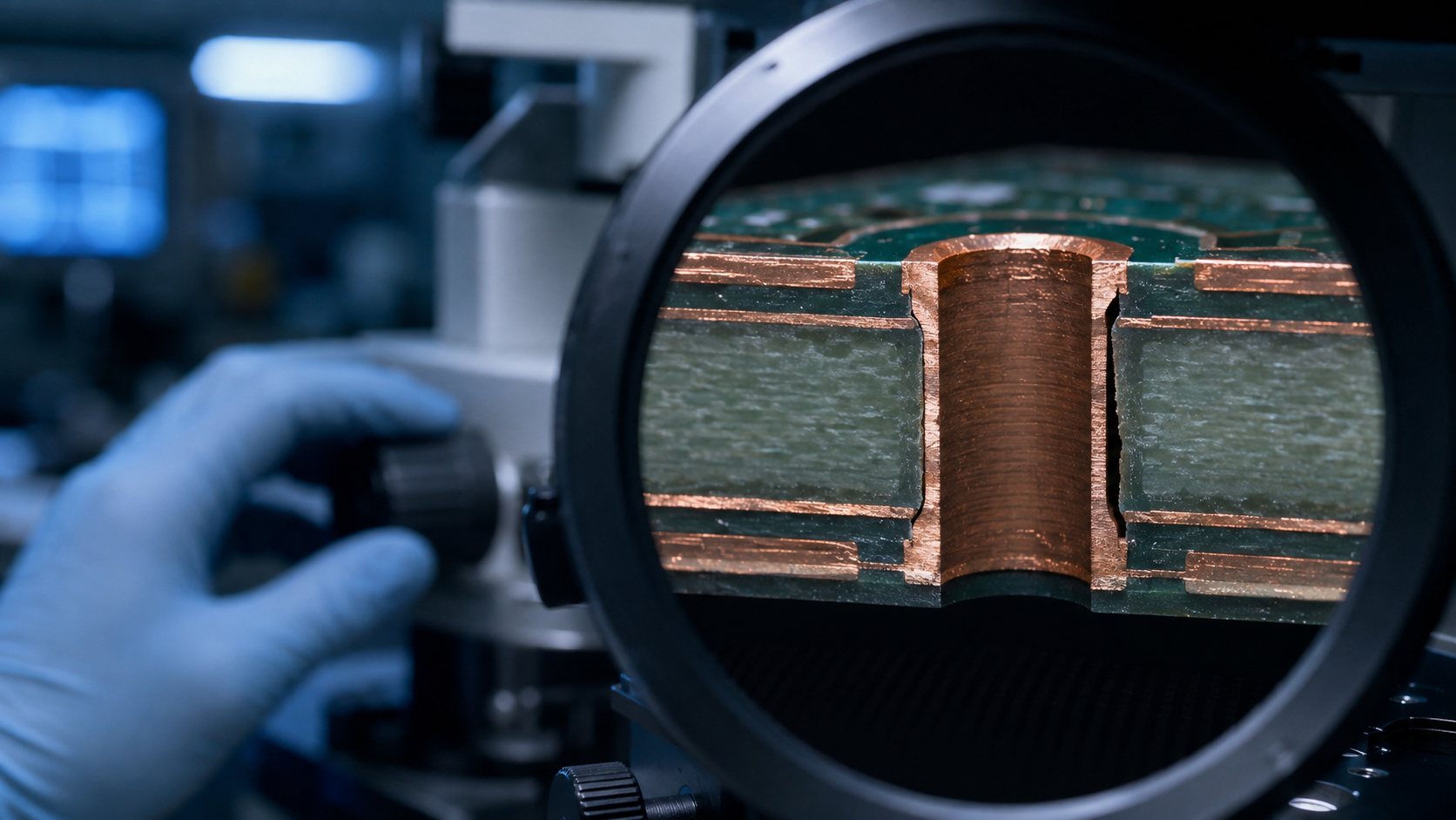 Metallurgical microscope inspection of PCB hole wall pullaway in a plated through-hole cross-section