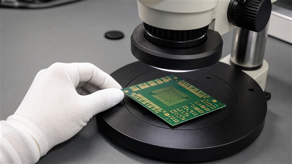 Illustrative microscope inspection of PCB immersion gold pads before assembly