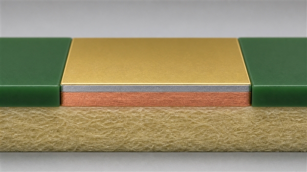 Illustrative PCB immersion gold cutaway showing thin gold over nickel and copper, not to scale