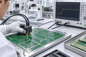 Technician performing TDR impedance testing on PCB impedance coupon